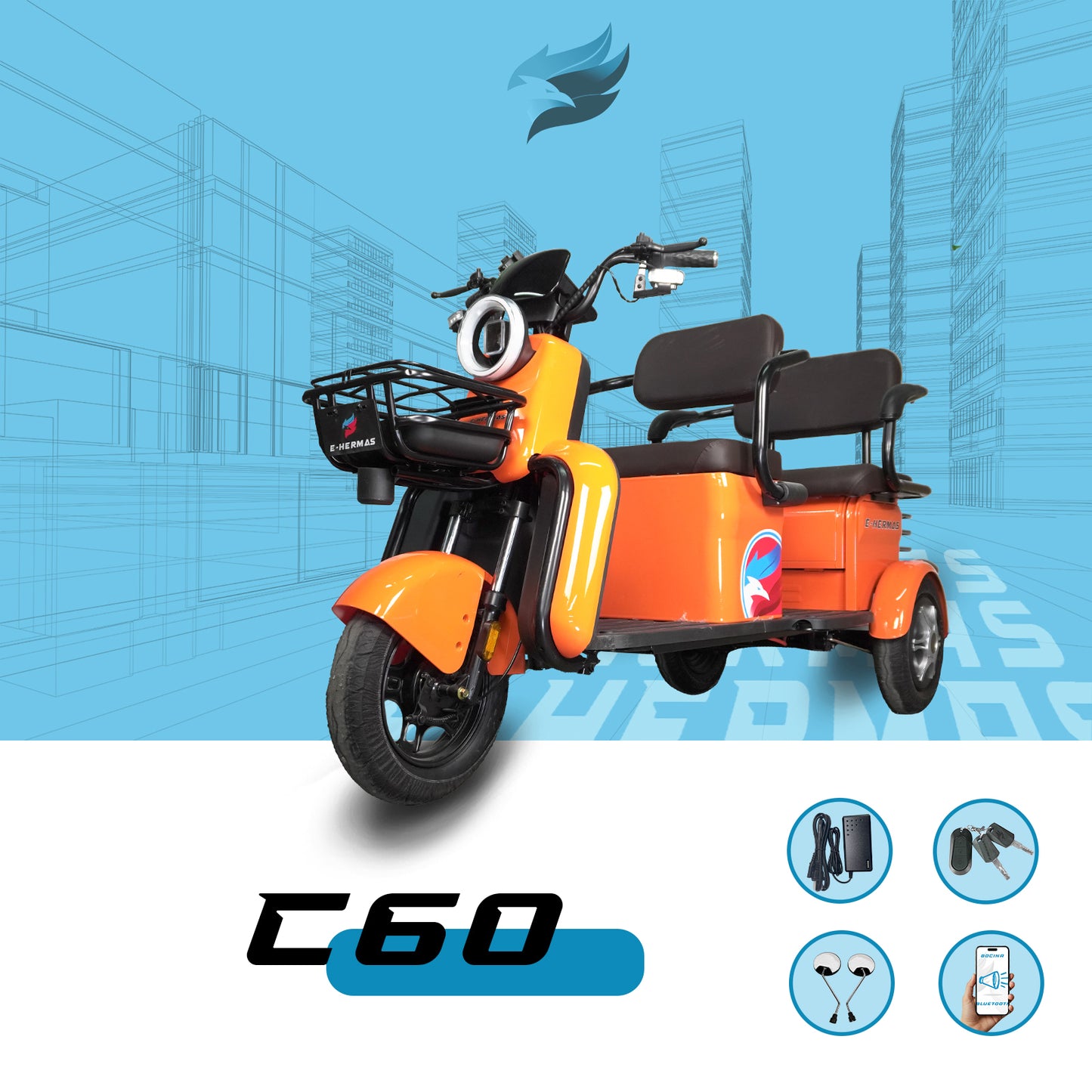 Triciclo Eléctrico con bocina bluetooth E-Hermas C60