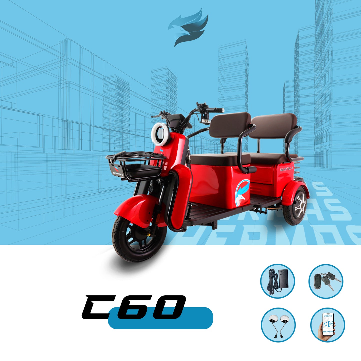 Triciclo Eléctrico con bocina bluetooth E-Hermas C60