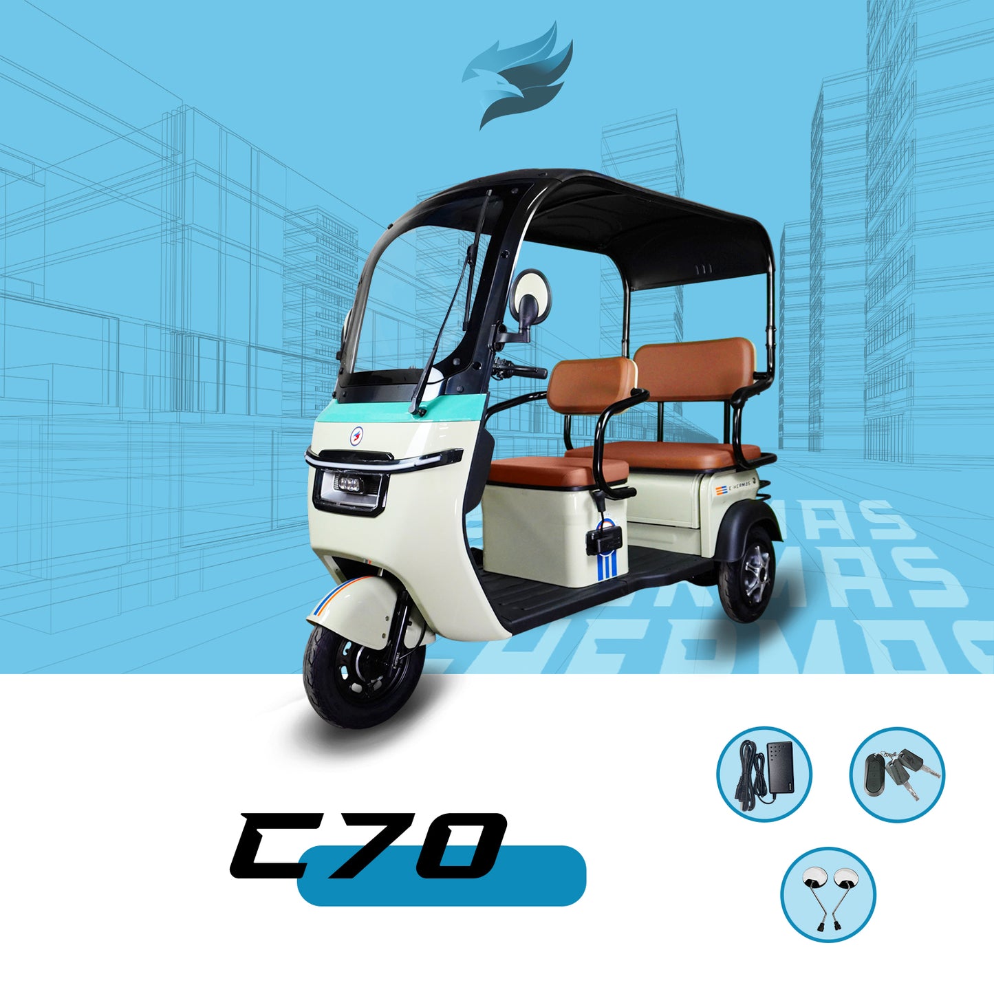 Triciclo Eléctrico con toldo E-Hermas C70