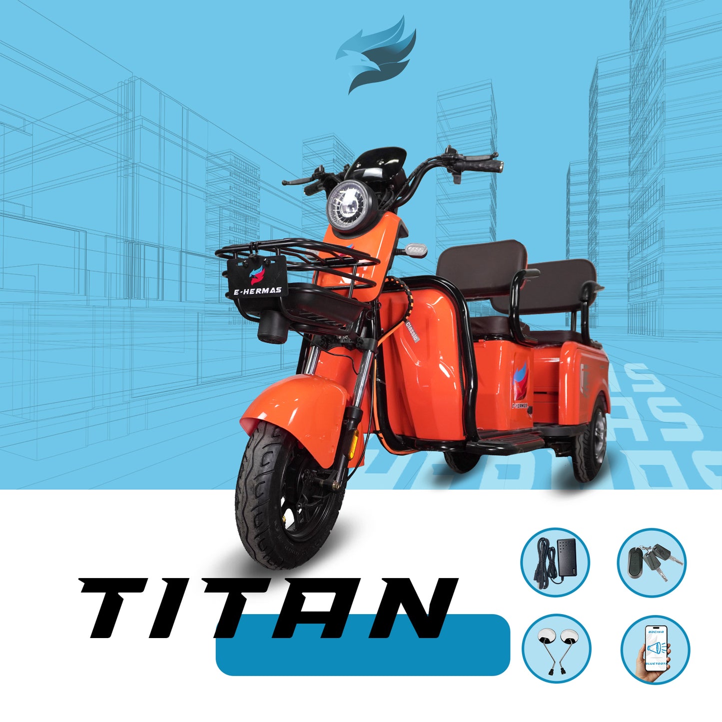 Triciclo Eléctrico con bocina bluetooth E-Hermas Titan